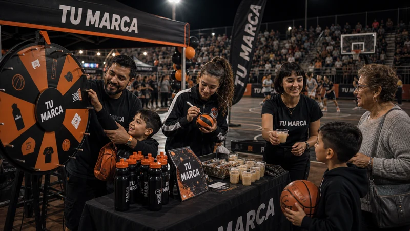 Activación de marca en evento Baja Hoops con familias, dinámica de ruleta, sampling y convivencia en cancha