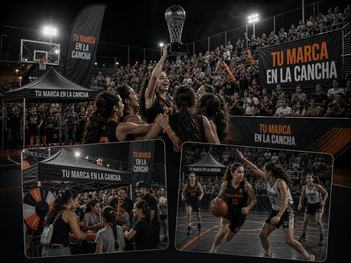 Activaciones de marca en una final de Baja Hoops con familias, jugadoras y espacios promocionales en cancha
